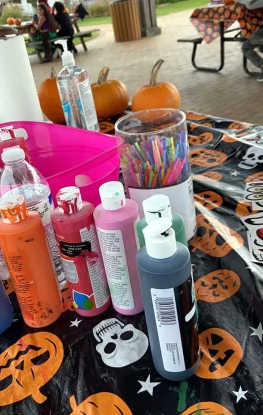 Halloween craft supplies - paint and pumpkins.